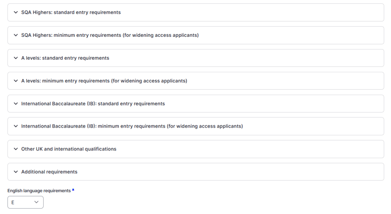 Entry requirements for UK qualifications in the degree finder CMS
