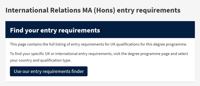 Feature box at top of entry requirements page guiding users back to the degree finder