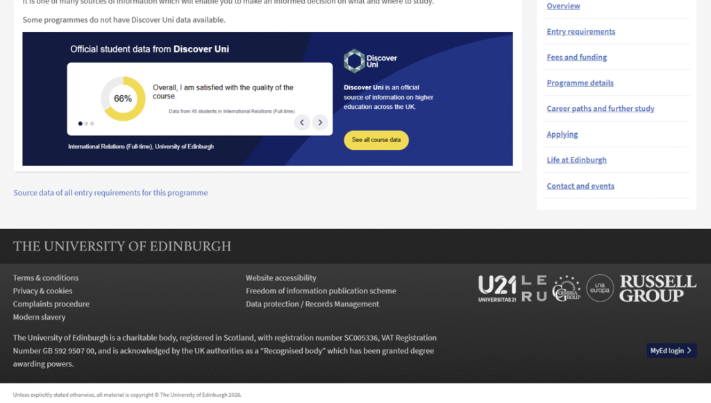 A link to the entry requirements page at the bottom of the degree finder programme page
