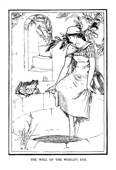 An illustration of a young woman in a dress is shown seated on the edge of a well. She looks downwards at a frog that sits next to her. 