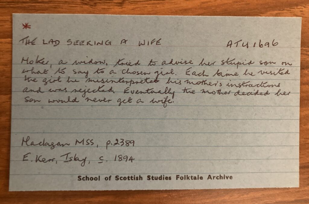 Card reads The lad seeking a wife. A widow tried to advise her stupid son on what to say to a chosen girl. Each time he visited the girl he misinterpreted his mother's instructions"