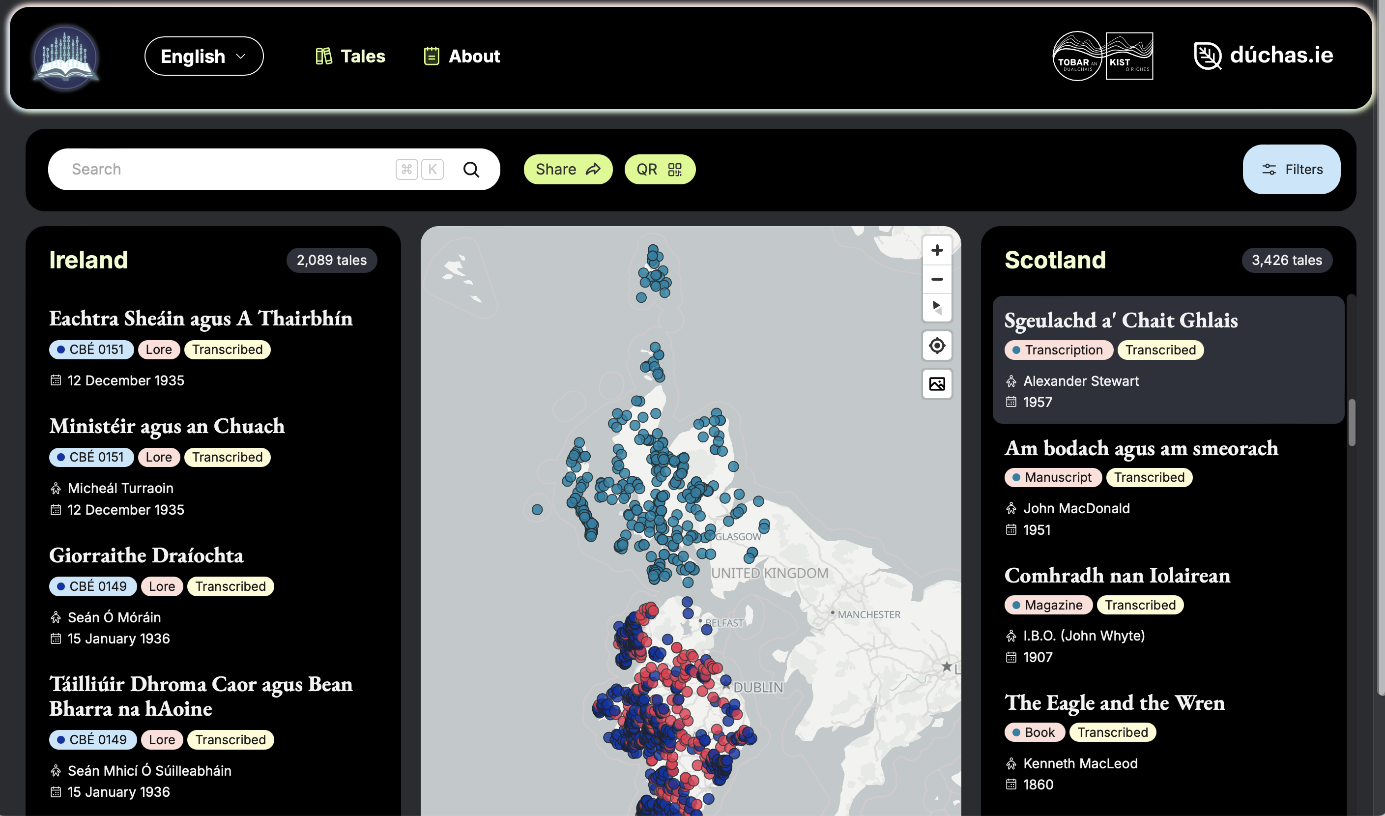 An image showing the interactive map and list of folktales available on the Hidden Heritages website.