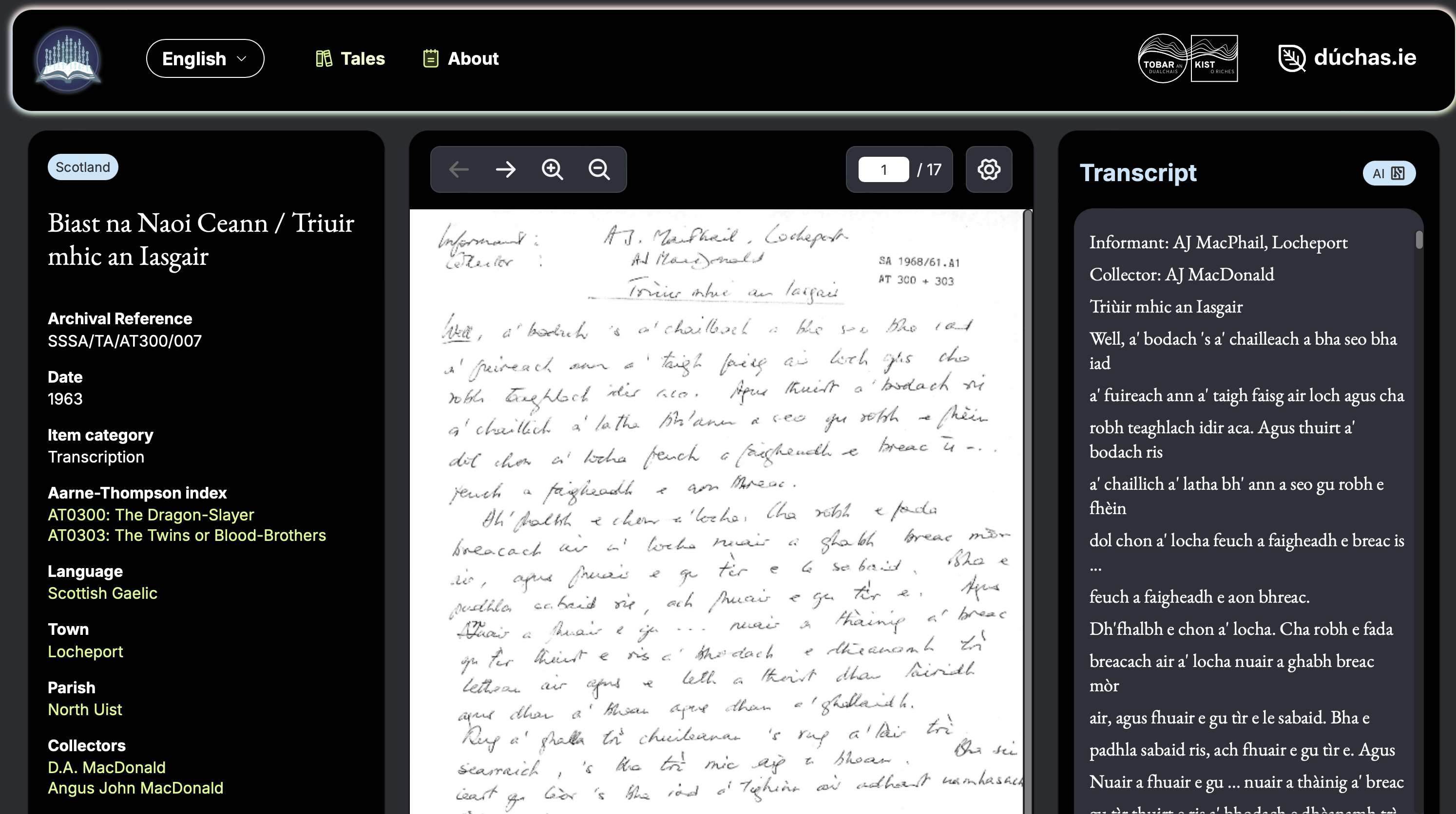 Image shows metadata, a PDF and AI-recognised text for the Scottish Gaelic tale 'Biast na[n] Naoi Ceann' ['Beast of the Nine Heads']