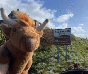 Image Description: A brown soft toy Highland Cow with white- and cream-coloured horns in the foreground, positioned in front of a road sign. The sign reads ‘Griomasaigh / Grimsay’ and has a second, brown road sign below it. The colour indicates that this additional information is aimed at tourists. There is some grass and a building with a blue sky and clouds in the background.