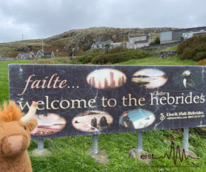 Image Description: A plush Highland cow is in front of a large outdoor sign on green grass. The sign reads ‘failte… welcome to the outer hebrides’ with scenic pictures of the area around the text, such as beaches, standing stones and a puffin. The sign also includes the text ‘Live it. Visit Hebrides’ with a website and phone number available. Those familiar with Barra will recognise this as the sign visitors are greeted by as they get off the ferry in Castlebay.