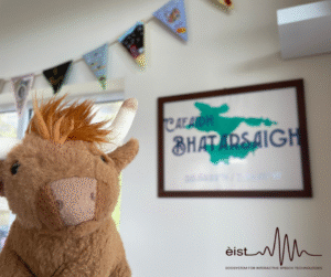 Image Description: A brown fluffy toy animal, possibly a Highland cow, with white horns. The toy is placed in the foreground on the left side. In the background on the right, is a blue and green framed picture reading ‘Cafaidh Bhatarsaigh’ and shows a map outline with co-ordinates in silver lettering.