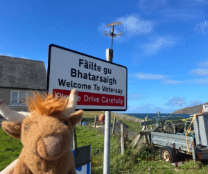 Image Description: Stuffed highland cow toy close to a road sign. The sign is bilingual, in both Gaelic and English and reads ‘Welcome to Vatersay. Please drive carefully.’ In the background, there’s a blue sky, a house, a metal trailer with some fishing equipment on it, and a weather vane.