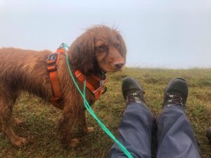 Bonny the dog, next to Chloes feet on a cloudy hill