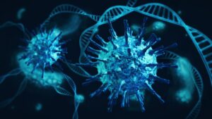 Ominous blue coronavirus cells intertwined with DNA and white blood cells on dark - stock photo