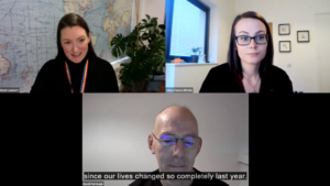 Research Insights Screenshot of Zoom. Top left: Hazle Lambert. Top Right: Chloe Fawns-Ritchie (Questionnaire Officer). Bottom middle: David Porteous (Principal Investigator)