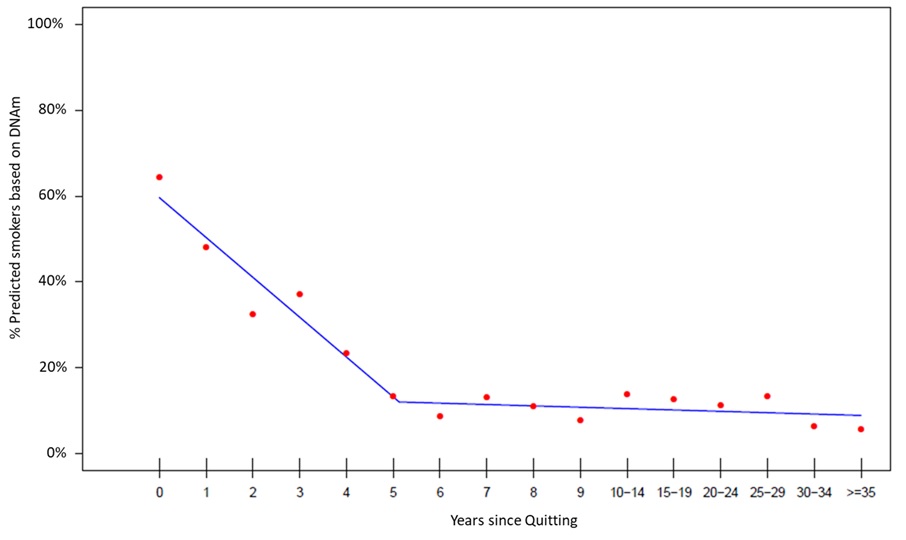 Line graph showing the prediction of smokers compared to the number of years since participants stopped smoking. The rate of smoking prediction decreases by about 40% in the first 3 years participants stop smoking.