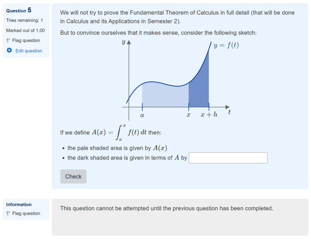 Screenshot of question showing a sketch and asking students to complete an expression for a shaded area in the sketch