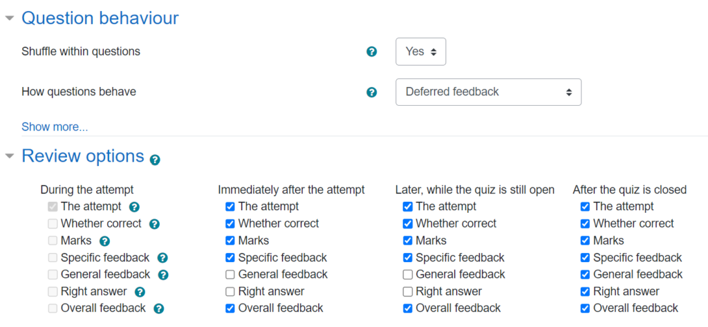 Moodle quiz settings with deferred feedback available after deadline
