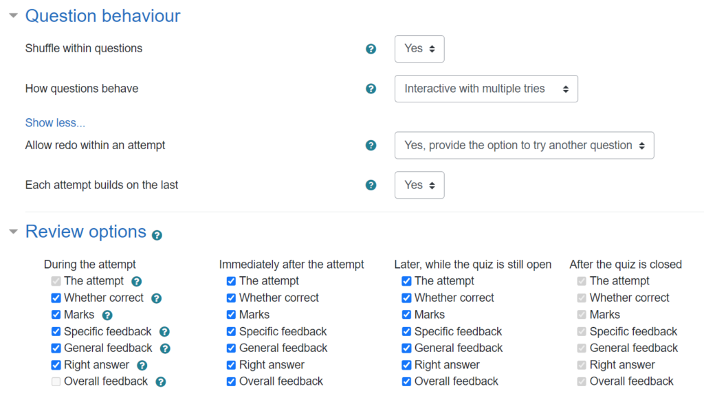 Moodle quiz settings, including "interactive with multiple tries"