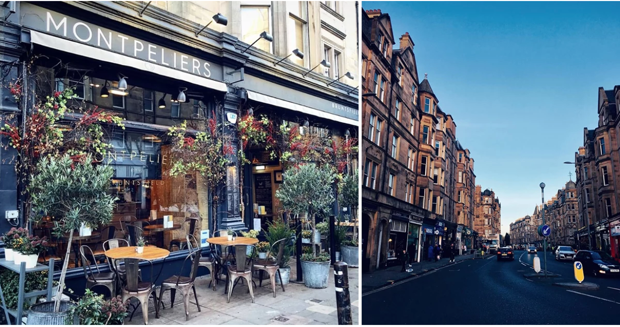 Two images. One image is outside of a restaurant. The other image is of high buildings with a blue sky.