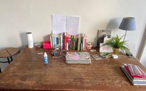 Organised university students desk.