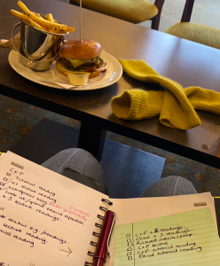 Planning workload alongside a burger in Teviot