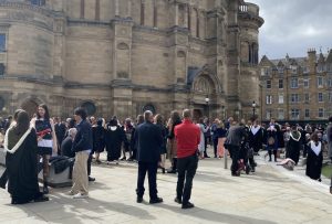 Bristo Square facing McEwan Hall with students during graduations