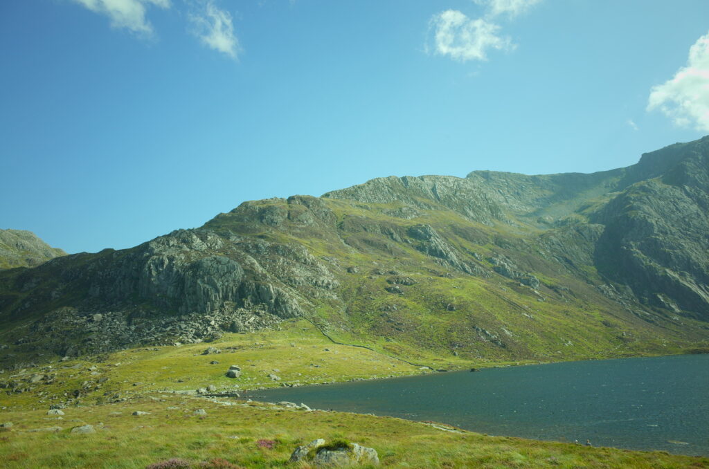 A mountain surrounding a lake