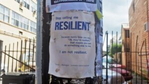 A poster in New Orleans, blogged here: http://candychang.com/resilient/