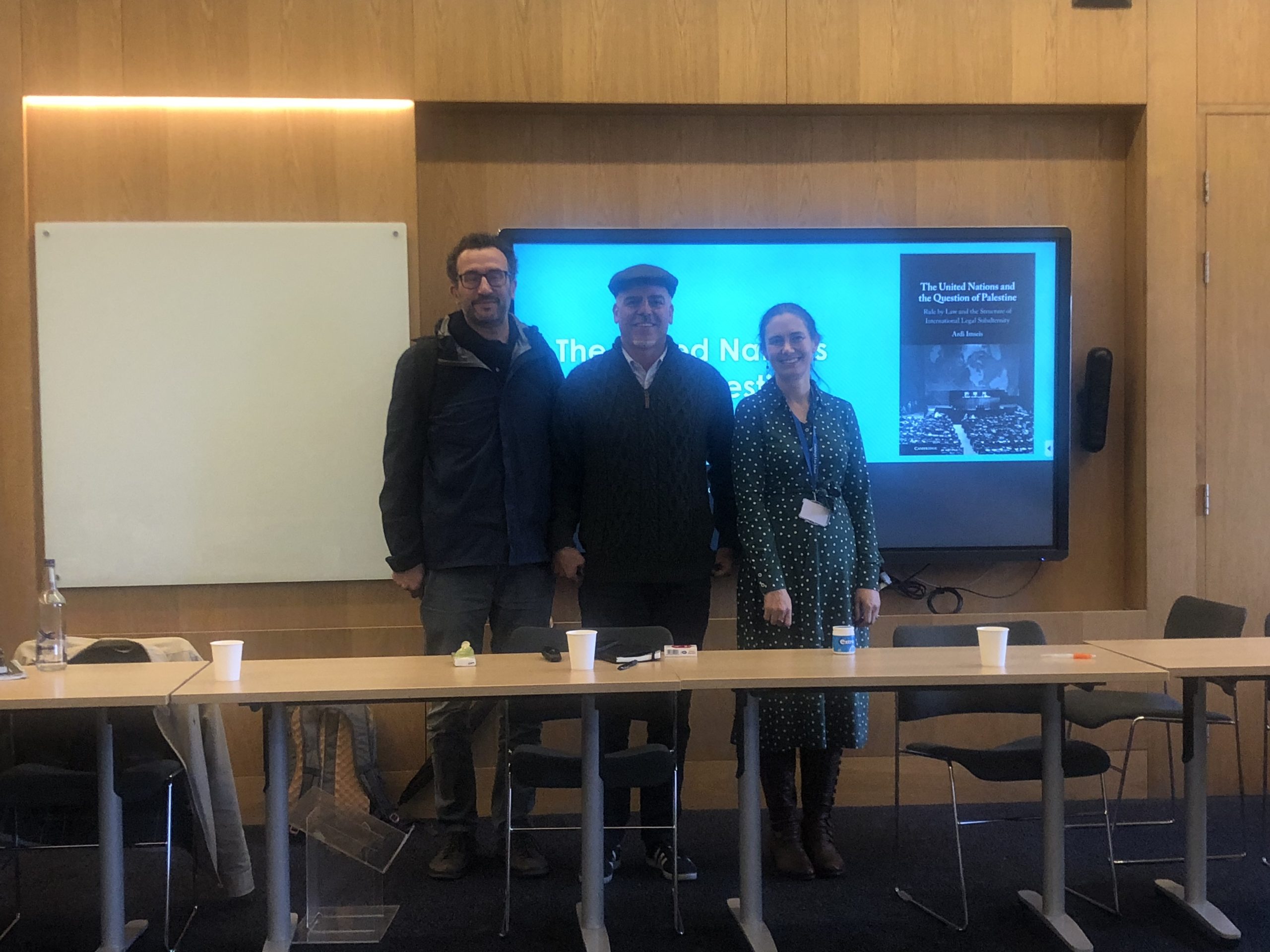 Picture taken at the event representing from left to right: Nicola Perigini (discussant) Ardi Imseis (author and presenter) and Michelle Burgis-Kashtala (organiser)