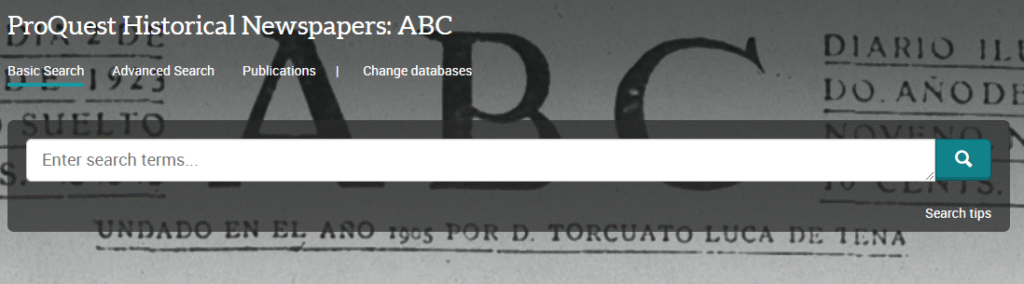 Screenshot of the 'ProQuest Historical Newspapers: ABC' homepage.