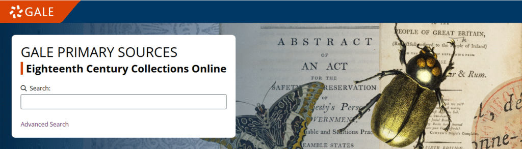 Screenshot of Gale Primary Sources: Eighteenth Century Collections Online homepage.