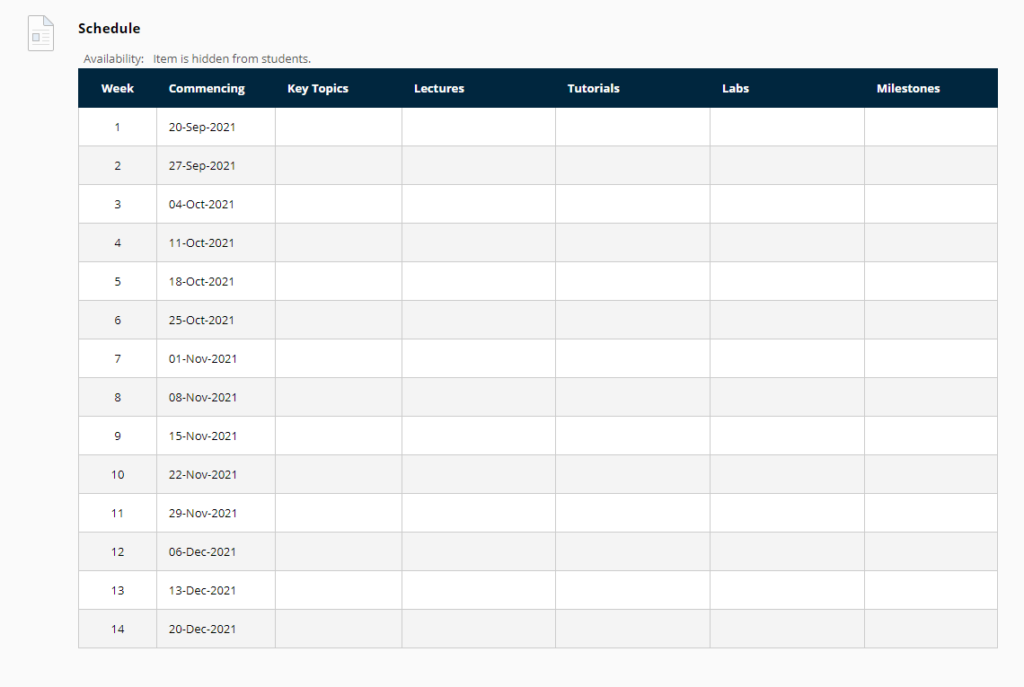 Table showing the template of the schedule layout for Semester 1 2021/22