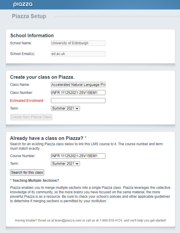 Screenshot of Piazza Form for creating class with field for Class Name, Class ID, and Enrollment fields