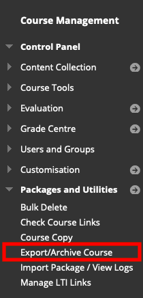 screenshot showing the Export / Archive Course option