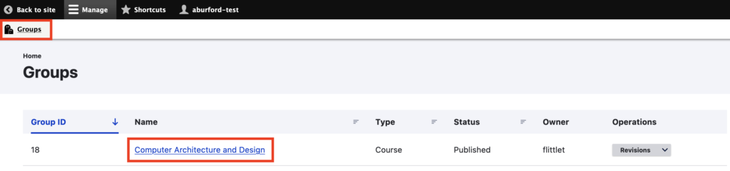 screen grab highlighting groups tab and course name