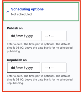 screen grab highlighting scheduling options