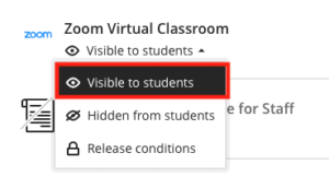 screen grab highlighting "visible to students" menu item