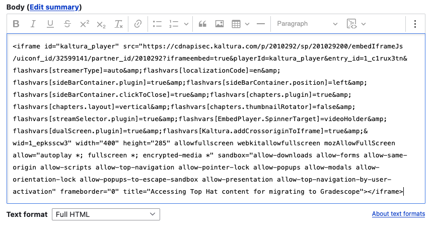 Screenshot of embed code pasted into a Drupal page in Source view