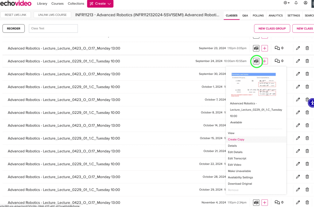 Screenshot showing where to select the 'Create Copy' action on an Echo360 video from a course lecture recordings list.