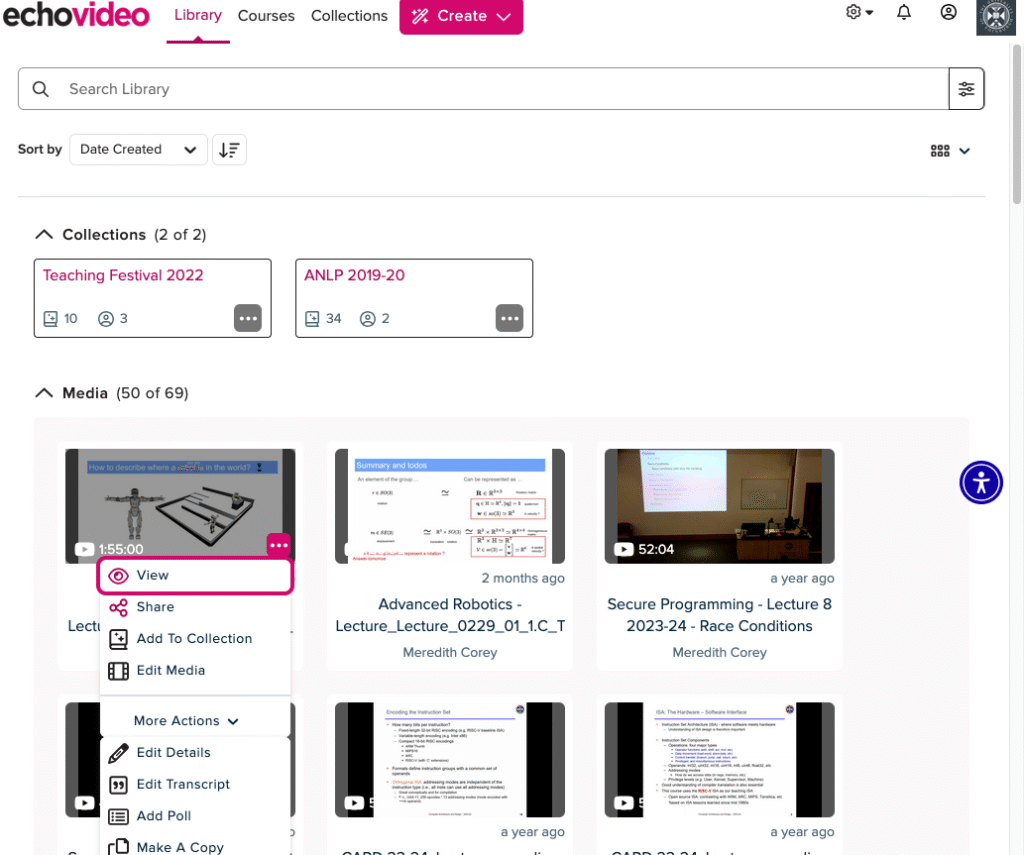 Screenshot showing how to find the 'Share' action on a video in your Echo360 Library.