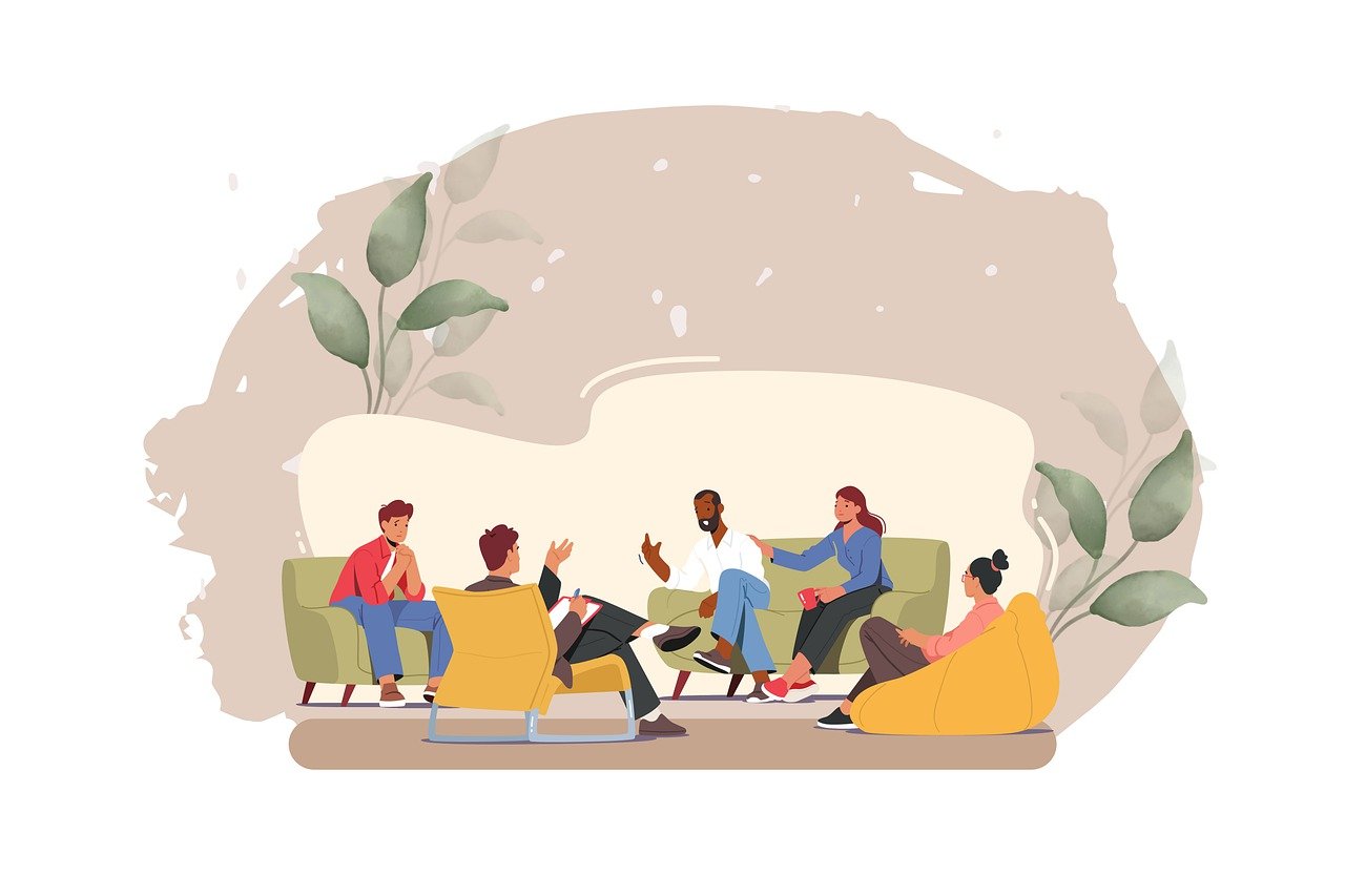 illustration of people sitting on chairs and sofas, chatting