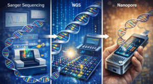 Figure 2. The evolution of DNA sequencing technology. Figure generated from GPT-5.