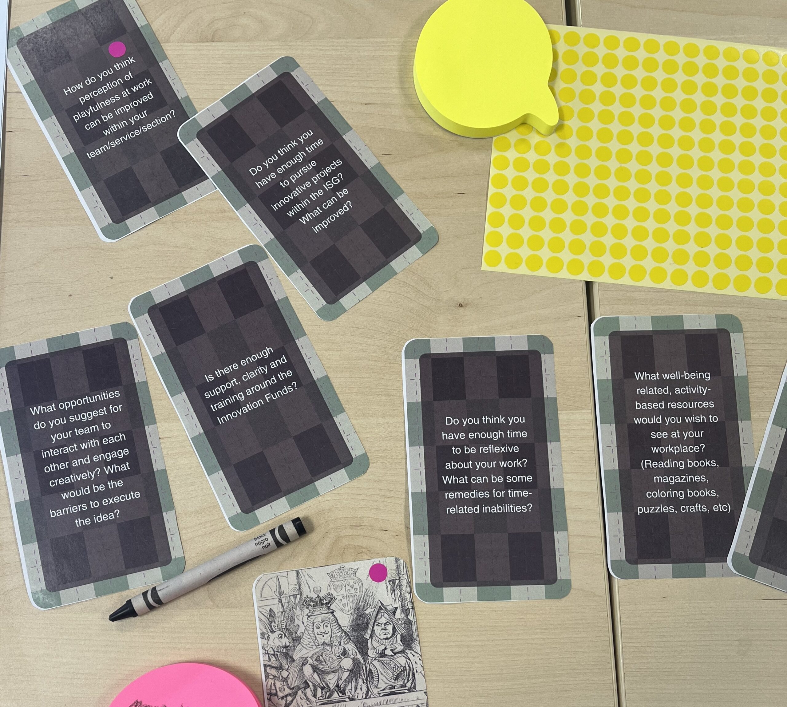 Selection of focus group probe cards, stickers, crayons, and post-it notes.