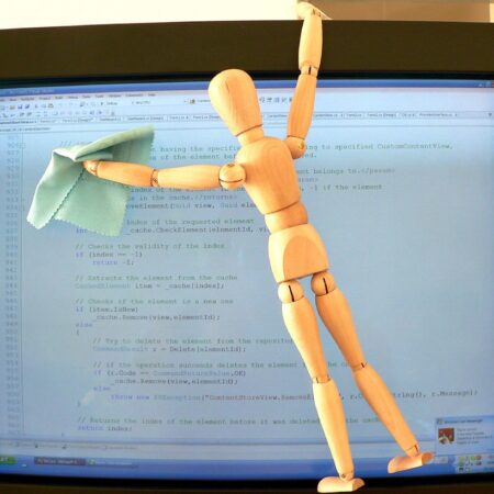 A small mannequin holds a cloth and appears to clean the screen of a computer, which has code open on it