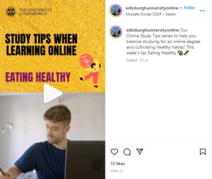 Picture 4 - Instagram reel created by Ranuli; This is a screenshot of an Instagram reel, showing study tips when learning online. It is concentrating on eating healthy and advises: scheduling meal times, drinking enough water, eating healthy snacks and controlling the caffeine intake.