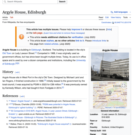 A screenshot of the Wikipedia page for Argyle House.