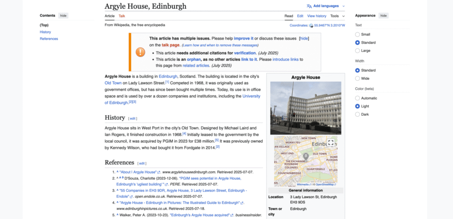 A screenshot of the Wikipedia page for Argyle House.