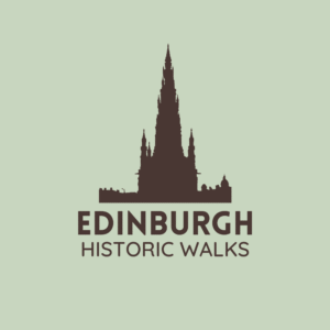 EHW graphic, green background with an image of the Scott monument in front and the text Edinburgh Historic Walks.