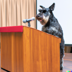 An AI generated image of a grey schnauzer speaking into a microphone on a podium