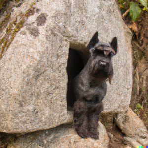 An AI generated picture of a black schnauzer emerging from a hole in a rock.