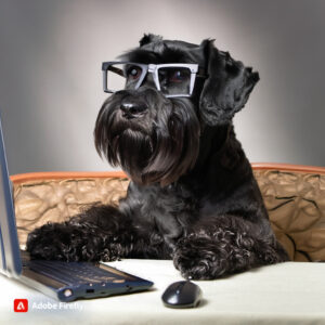 Schnauzer with glasses on using a computer