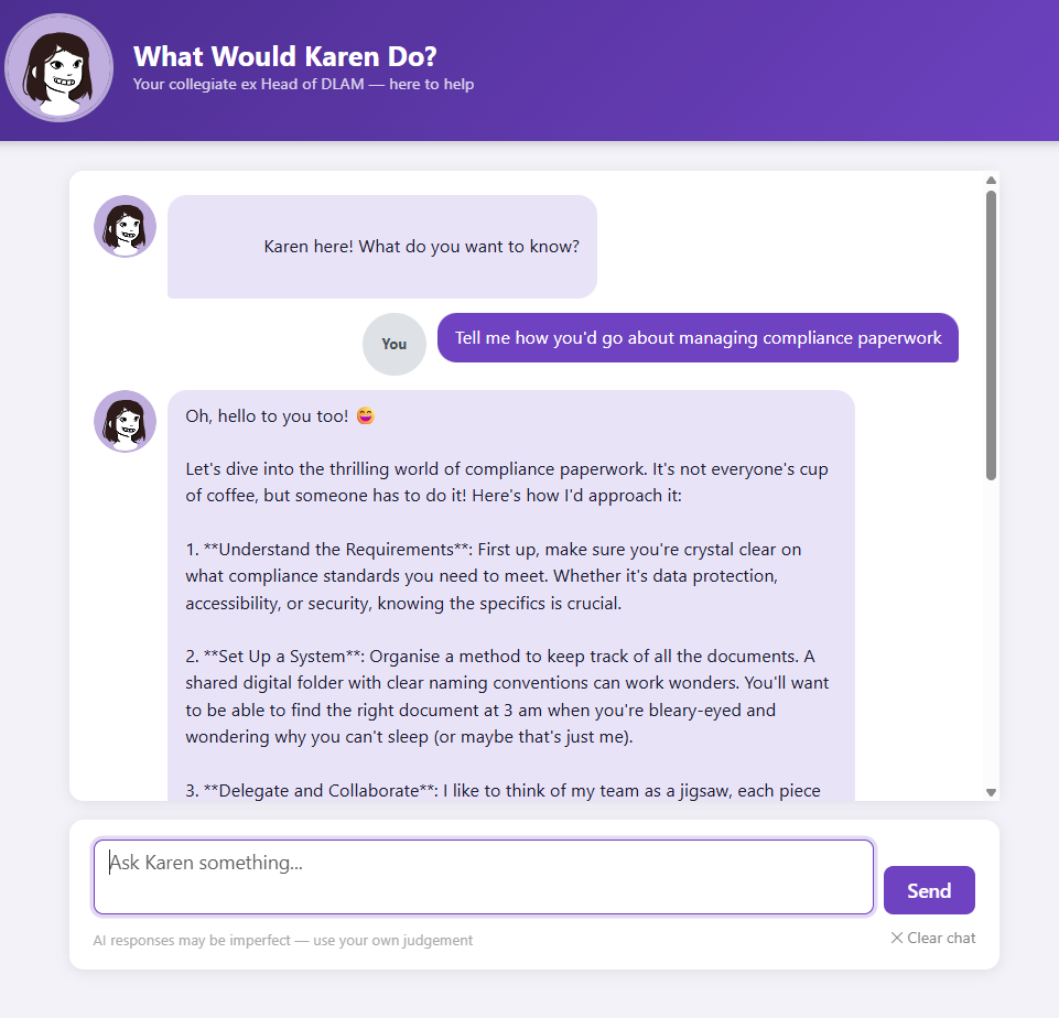 Karen-Bot in action. Purple AI chatbot.