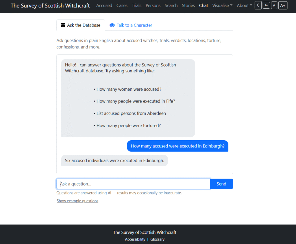 Survey of Scottish Witchcraft 'Ask the database' screenshot.