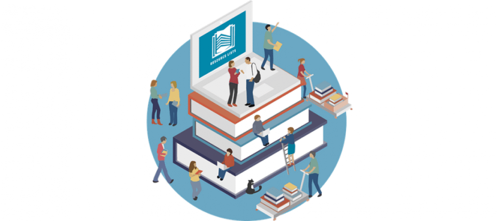 Vectored image of small people standing on and around a ginormous stack of books with a laptop balanced on top. The laptop screen shows the Resource List logo. Many of the small figures are reading books or on devices. 